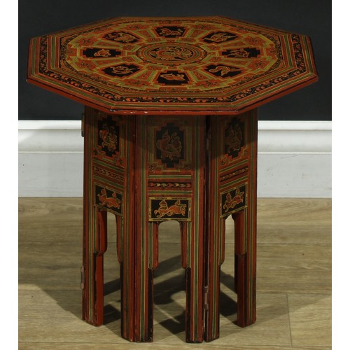 1365 - A near pair of Burmese red lacquer Hoshiarpur tables, decorated throughout in the traditional manner... 