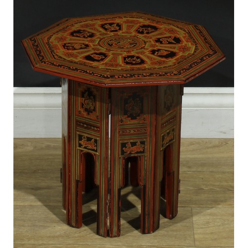 1365 - A near pair of Burmese red lacquer Hoshiarpur tables, decorated throughout in the traditional manner... 