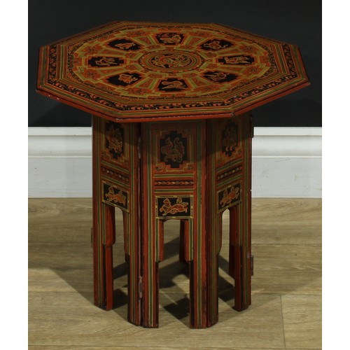 1365 - A near pair of Burmese red lacquer Hoshiarpur tables, decorated throughout in the traditional manner... 