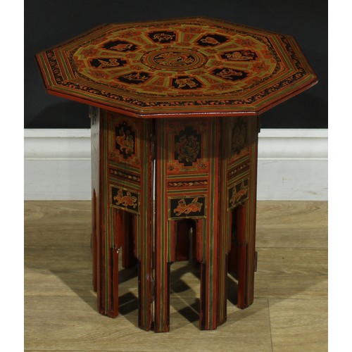 1365 - A near pair of Burmese red lacquer Hoshiarpur tables, decorated throughout in the traditional manner... 