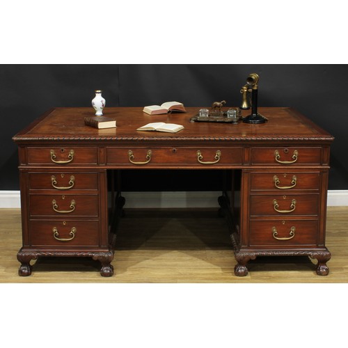 1287 - A large George III Revival mahogany partners’ desk, rectangular top with gadrooned edge and inset to... 