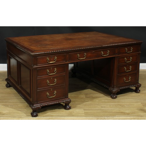 1287 - A large George III Revival mahogany partners’ desk, rectangular top with gadrooned edge and inset to... 