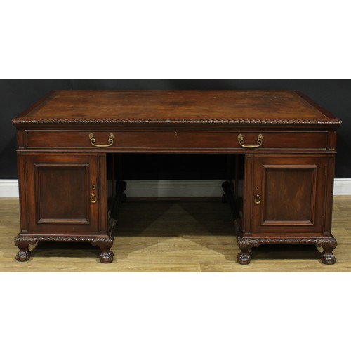 1287 - A large George III Revival mahogany partners’ desk, rectangular top with gadrooned edge and inset to... 