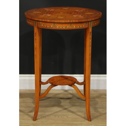 1135 - A Sheraton Revival satinwood and painted centre table, circular top decorated with flowers and scrol... 