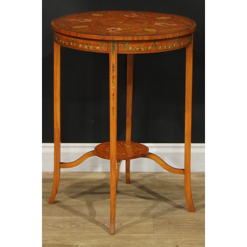 1135 - A Sheraton Revival satinwood and painted centre table, circular top decorated with flowers and scrol... 