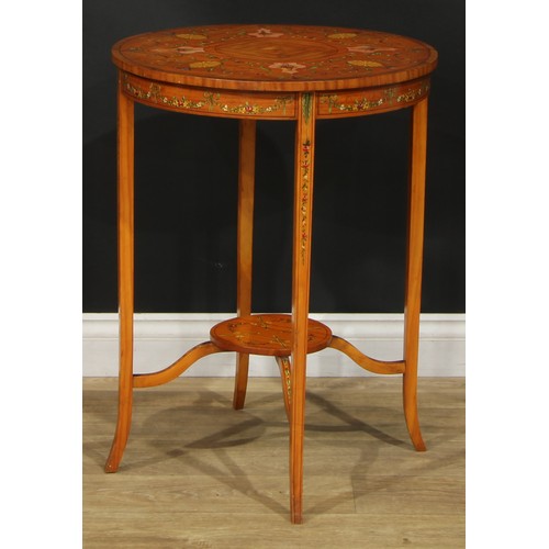 1135 - A Sheraton Revival satinwood and painted centre table, circular top decorated with flowers and scrol... 