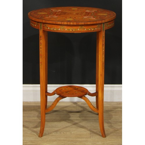 1135 - A Sheraton Revival satinwood and painted centre table, circular top decorated with flowers and scrol... 