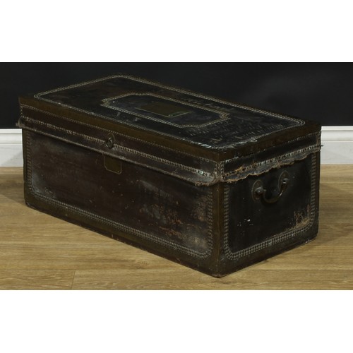 890 - A 19th century brass mounted and studded leather-bound chest, hinged cover with rectangular plaque i... 