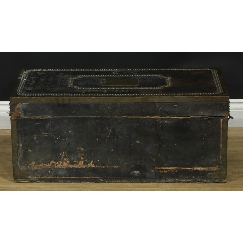 890 - A 19th century brass mounted and studded leather-bound chest, hinged cover with rectangular plaque i... 