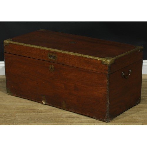 1014 - A brass mounted camphor military campaign chest or trunk, hinged top, carry handles to sides, 44cm h... 