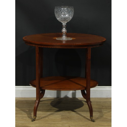 1138 - A Sheraton Revival satinwood crossbanded mahogany and marquetry two-tier centre table, oval top inla... 