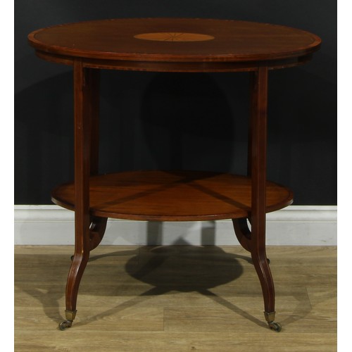 1138 - A Sheraton Revival satinwood crossbanded mahogany and marquetry two-tier centre table, oval top inla... 