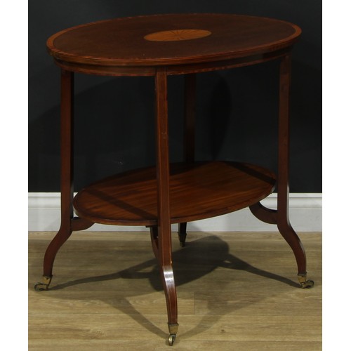 1138 - A Sheraton Revival satinwood crossbanded mahogany and marquetry two-tier centre table, oval top inla... 