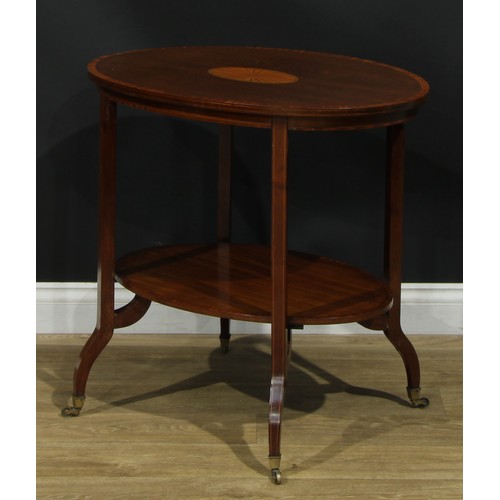 1138 - A Sheraton Revival satinwood crossbanded mahogany and marquetry two-tier centre table, oval top inla... 