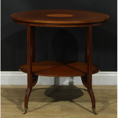 1138 - A Sheraton Revival satinwood crossbanded mahogany and marquetry two-tier centre table, oval top inla... 