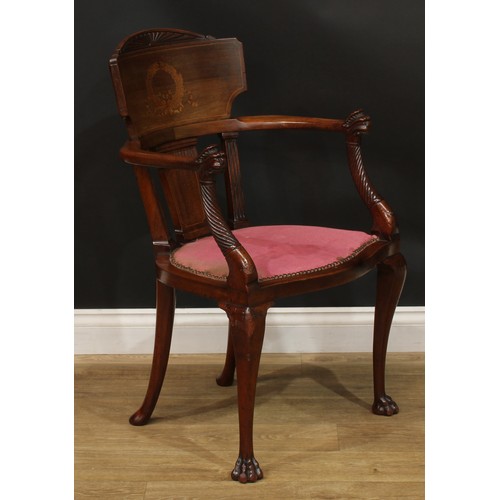 910 - A 19th century mahogany and marquetry elbow chair, curved cresting rail inlaid with a ribbon-tied la... 