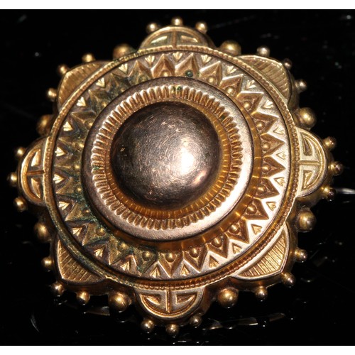 348 - A late 19th century 9ct gold oval target brooch, 3cm, steel pin, marked 9ct, 2.5g; a 10ct gold plate... 