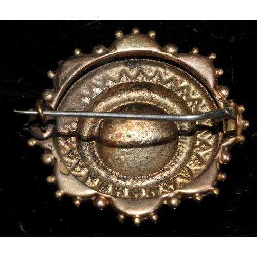 348 - A late 19th century 9ct gold oval target brooch, 3cm, steel pin, marked 9ct, 2.5g; a 10ct gold plate... 