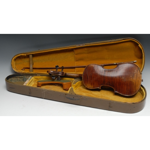 845 - An early 20th century half-size violin, the two-piece back 31.5cm long excluding button, 53cm long o... 