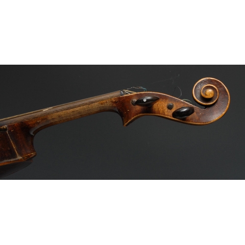 845 - An early 20th century half-size violin, the two-piece back 31.5cm long excluding button, 53cm long o... 