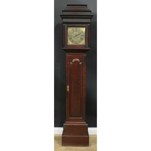 1633 - An 18th century oak longcase clock, 25cm square brass dial with Roman numerals, date aperture, 30 ho... 