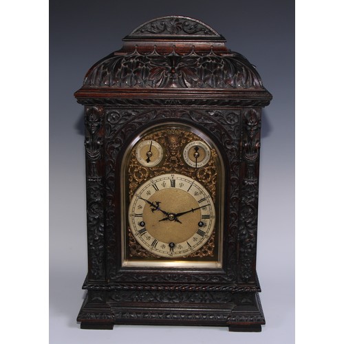 1426 - A late 19th century oak caddy top bracket clock, 16cm chapter ring with Roman and subsidiary Arabic ... 