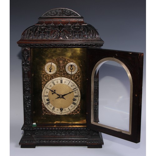 1426 - A late 19th century oak caddy top bracket clock, 16cm chapter ring with Roman and subsidiary Arabic ... 