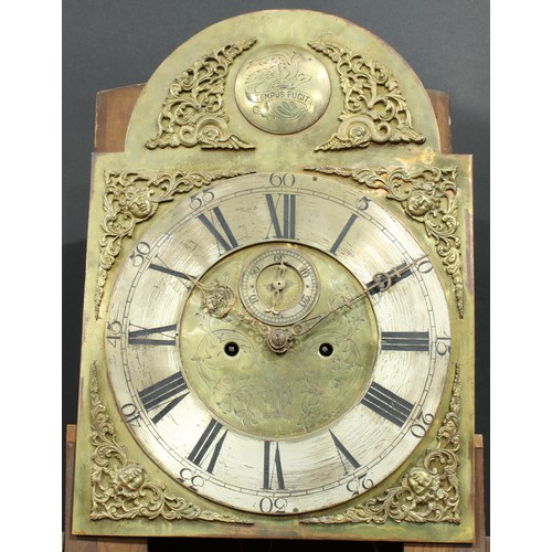 1078 - A 19th century yew longcase clock, 36cm arched brass dial inscribed Tempus Fugit, silvered chapter r... 