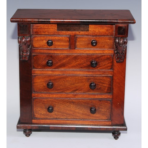 1626 - Miniature Furniture - a 19th century mahogany chest, rectangular top above two short and three long ... 