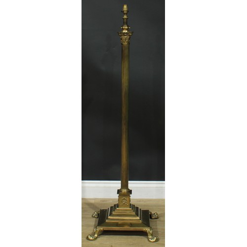 1622 - Interior Design - a brass floor lamp, Corinthian column, stepped square base, paw feet, 131cm high o... 