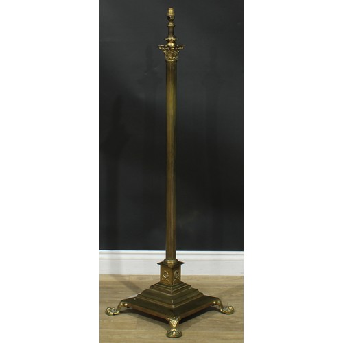 1622 - Interior Design - a brass floor lamp, Corinthian column, stepped square base, paw feet, 131cm high o... 