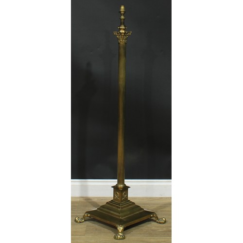 1622 - Interior Design - a brass floor lamp, Corinthian column, stepped square base, paw feet, 131cm high o... 