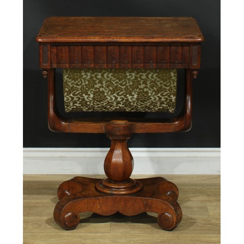 948 - A 19th century oak work table, rounded rectangular top with moulded edge above a frieze drawer and b... 