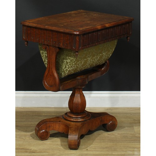 948 - A 19th century oak work table, rounded rectangular top with moulded edge above a frieze drawer and b... 