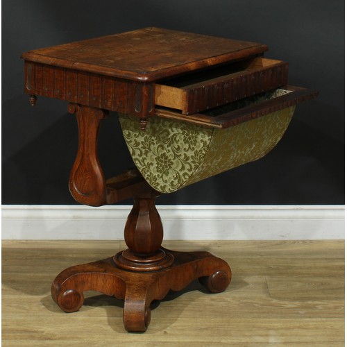 948 - A 19th century oak work table, rounded rectangular top with moulded edge above a frieze drawer and b... 