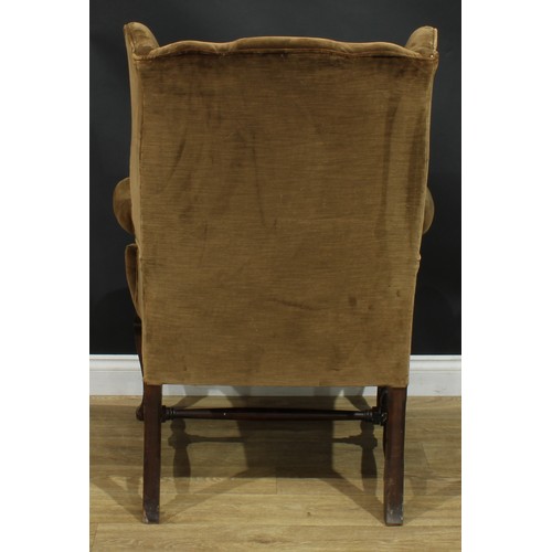 1098 - A George II Revival wingback armchair, stuffed-over upholstery, squab cushion, cabriole forelegs, H-... 