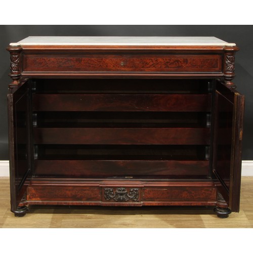 886 - A 19th century amboyna and rosewood dining room press or side cabinet, hipped rectangular marble top... 