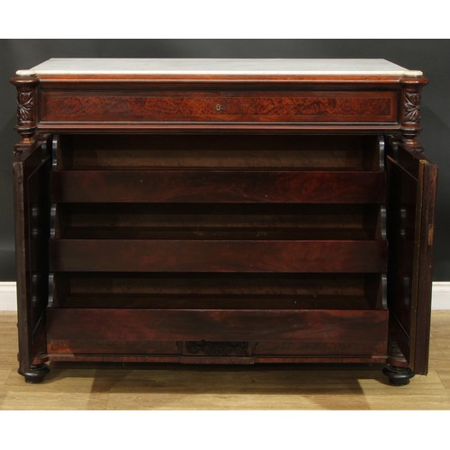 886 - A 19th century amboyna and rosewood dining room press or side cabinet, hipped rectangular marble top... 