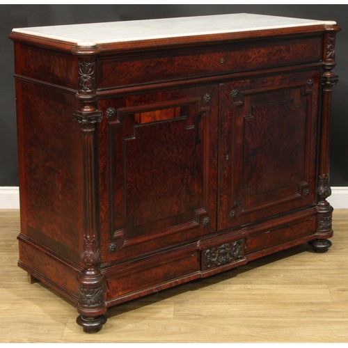 886 - A 19th century amboyna and rosewood dining room press or side cabinet, hipped rectangular marble top... 