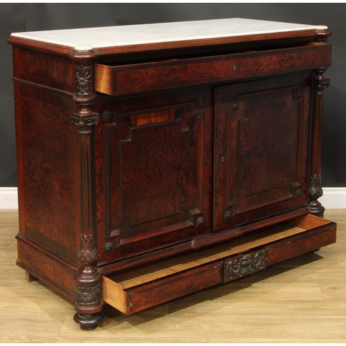 886 - A 19th century amboyna and rosewood dining room press or side cabinet, hipped rectangular marble top... 