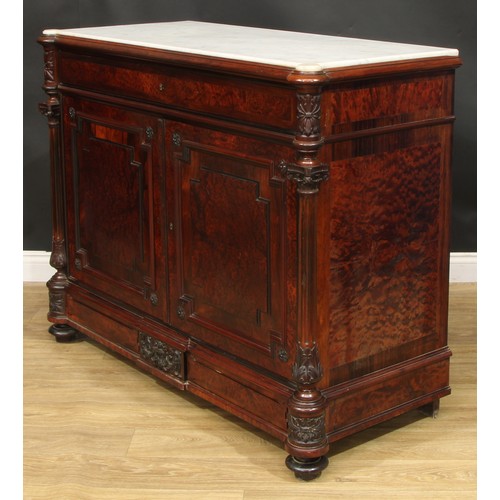 886 - A 19th century amboyna and rosewood dining room press or side cabinet, hipped rectangular marble top... 