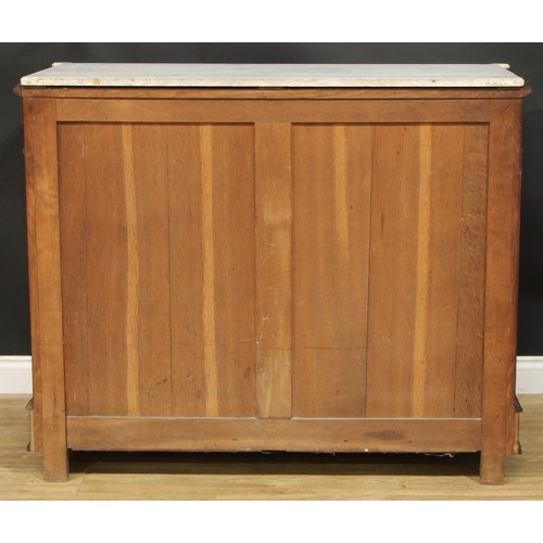 886 - A 19th century amboyna and rosewood dining room press or side cabinet, hipped rectangular marble top... 