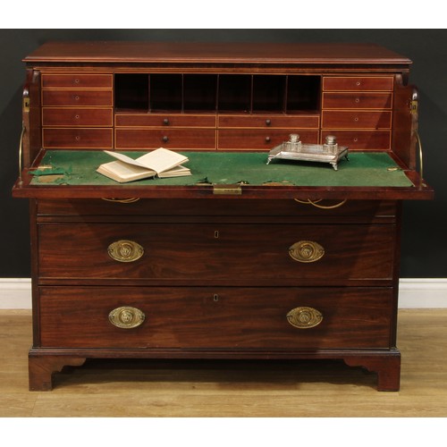 1433 - A Regency mahogany secretaire chest, rectangular top above four long drawers, the upper with fall fr... 