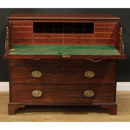 1433 - A Regency mahogany secretaire chest, rectangular top above four long drawers, the upper with fall fr... 