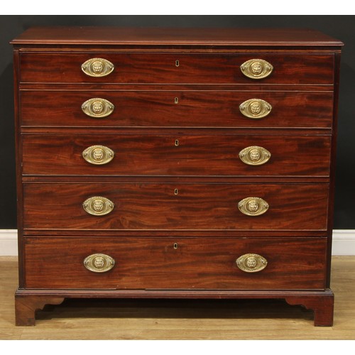 1433 - A Regency mahogany secretaire chest, rectangular top above four long drawers, the upper with fall fr... 