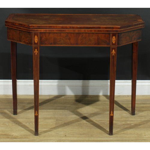 1180 - A George III satinwood crossbanded plum pudding mahogany and marquetry canted rectangular tea table,... 