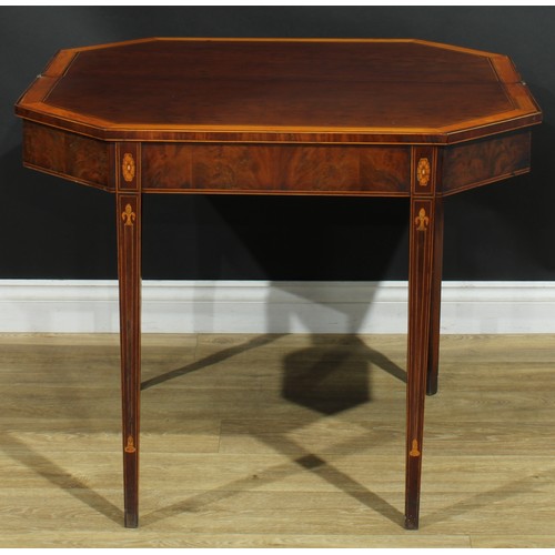 1180 - A George III satinwood crossbanded plum pudding mahogany and marquetry canted rectangular tea table,... 