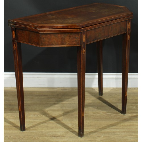 1180 - A George III satinwood crossbanded plum pudding mahogany and marquetry canted rectangular tea table,... 