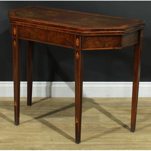 1180 - A George III satinwood crossbanded plum pudding mahogany and marquetry canted rectangular tea table,... 