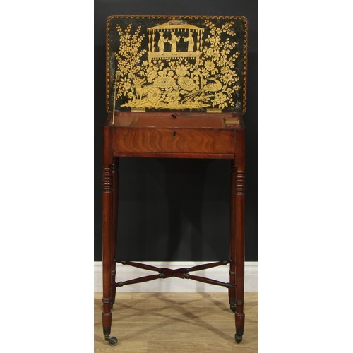 1438 - A Regency mahogany work table, hinged rounded rectangular top with Chinoiserie verso decorated with ... 